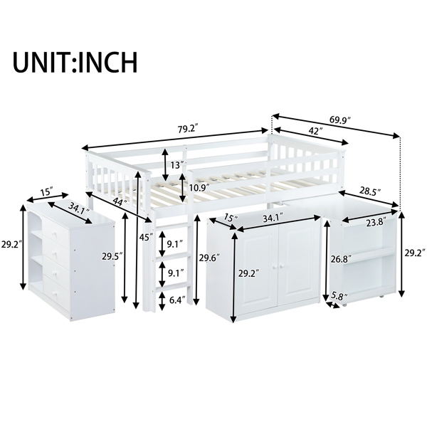 Twin Loft Bed with Storage Cabinet, Drawer and Shelf Cabinet and Pulling-Out Desk, Rubber Wood Loft Bed with Safety Guardrail, Ladder,White