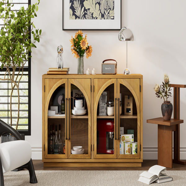 4-Door Large Storage Sideboard Buffet Cabinet with Glass Doors, Arched Cabinet with Adjustable Shelves for Kitchen, Dining Room and Living Room (Natural Wood)