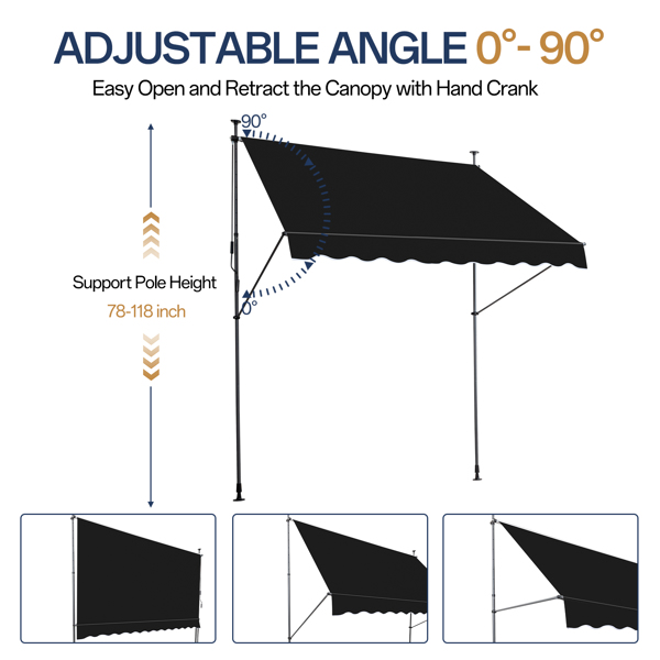 78.7"D x 59.1"W x(78.7 -118.1)"H Retractable Awning Black