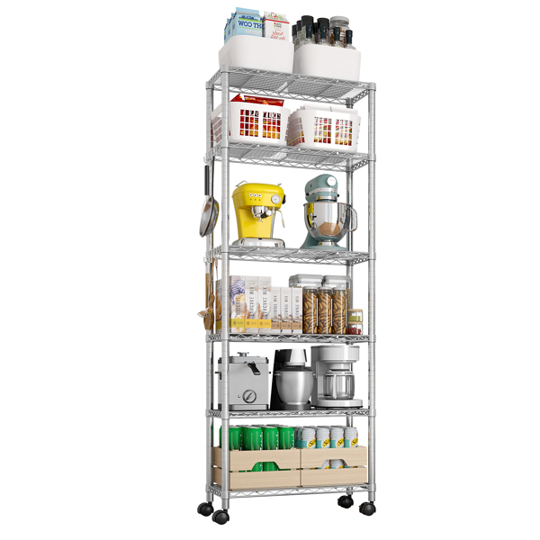 Heavy Duty Storage Shelves  72.83" H   Wire Shelving Unit with Wheels 1020LBS  NSF Metal Shelves for Storage Adjustable Garage Storage Rack Pantry Shelf Commercial Shelving, 72.83" H X 23.6''W X 13.78