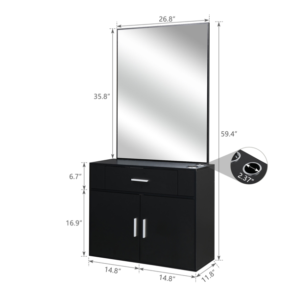 【same code：75512472】15% E0 chipboard linen top 1 drawer 1 door with mirror Salon cabinet black