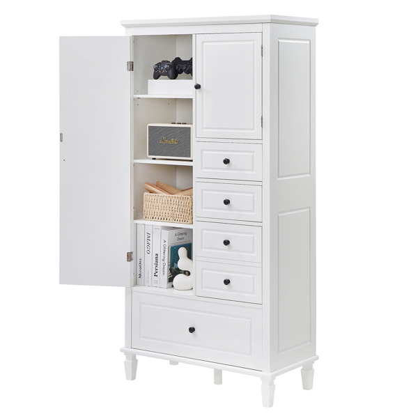 Tall and Wide Storage Cabinet with Doors for Bathroom/Office/Living Room/Indoor, Four Drawers of Different Sizes, Adjustable Shelves, White