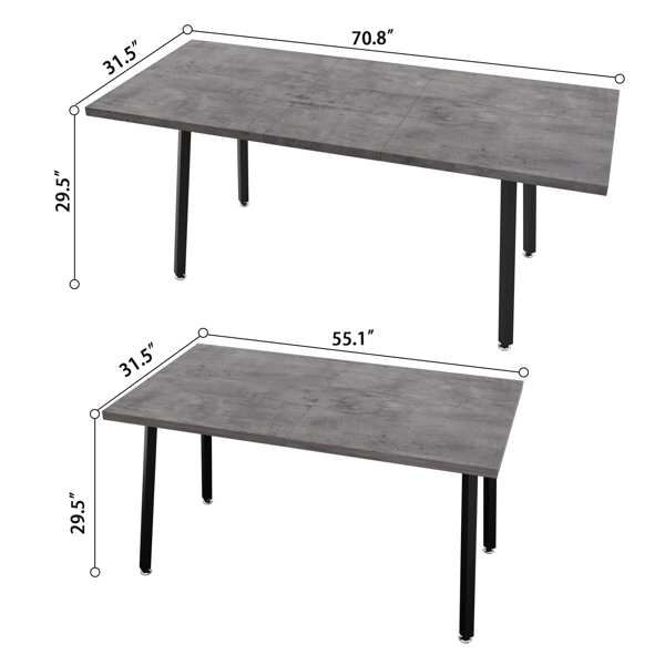 55.12-70.87"expandable modern kitchen dining table, rectangular MDF dining table for 4-6 people, medieval industrial style, with black metal legs, suitable for home&kitchen (gray) 