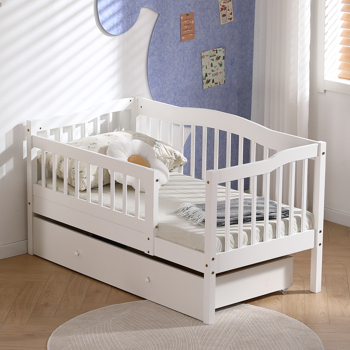 FCH Vertical Fence White Painted Pine Toddler Bed with Bottom Drawer and Side Car Bed