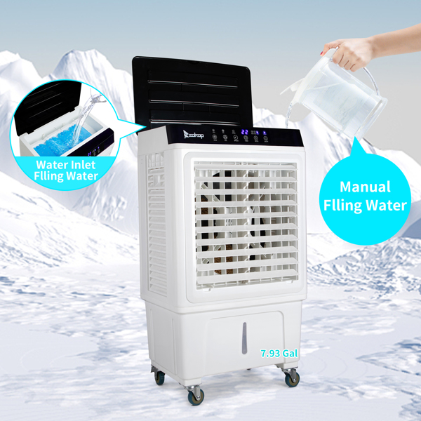 ZOKOP-3 in 1 Portable Evaporative Cooler,Indoor,Outdoor,2353CFM Personal Air Cooler with remote ,7.93 Gal Large Water Tank & Scroll Casters, 4 Ice Packs,White