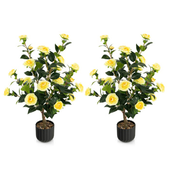 2 PCS 38 Inch Artificial Camellia Tree Faux Flower Plant in Cement Yellow