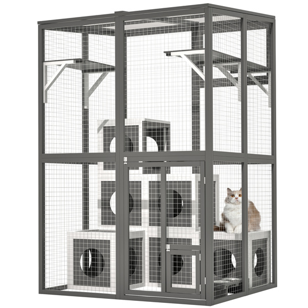 Outdoor Wooden Cat- Large Solid Wood Cat Cage Playpen with 2 Jumping Platforms & 7 Napping Houses, Walk-in Cat Kennel Condo Shelter, Grey