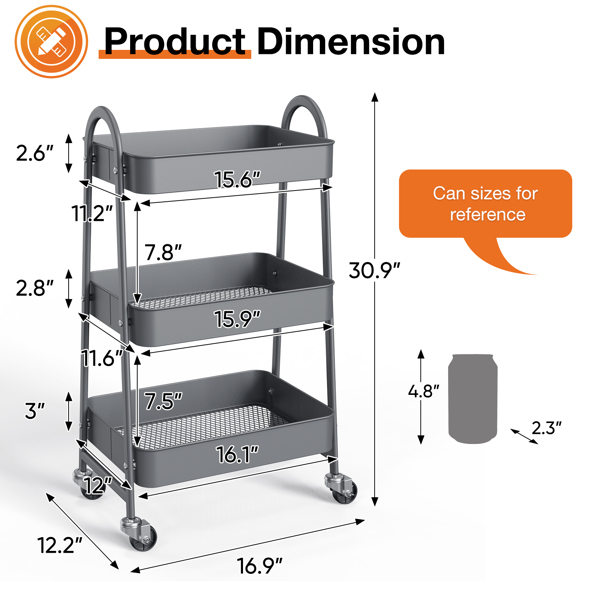 3 Tier Small Rolling Cart, Metal Utility Storage Organizer Kitchen Trolley Bathroom Laundry Room Bar Office Shelves