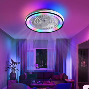 19 Inch RGB Dimmable Led Enclosed Ceiling Fan with Light Flush Mount Bladeless 6 Speed Remote Control for Bedroom Party