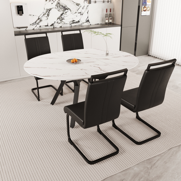 47-63" expandable circular dining table set for 4-6 people, equipped with 4 C-shaped tubular cushioned armless dining chair and an spacious dining table kitchen table and chair set, with metal legs 