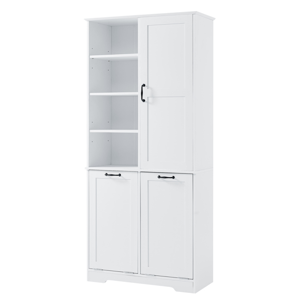 Bathroom Storage Cabinet with Doors and Drawers, Tilt-Out Laundry Hamper, Multiple Storage Space, Freestanding Style, Open Shelve, Adjustable Shelf, White