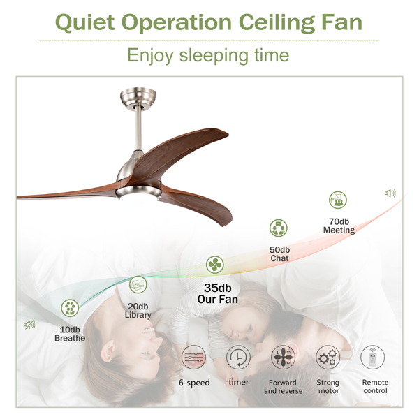 52" Solid Wood Blades Ceiling Fan With Light with Remote Control, Noiseless Reversible Motor, 6 Speed ,3 Color , for Patio Living Room, Bedroom, Indoor.(Stain nickel + Walnut )