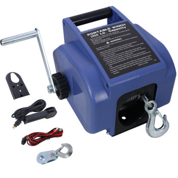 12v Trailer Winch,Reversible Electric Winch, for Boats up to 6000 lbs.Galvanized Wire Rope,with extra pulley hook,power in and power out,with manual function.blue plastic casing