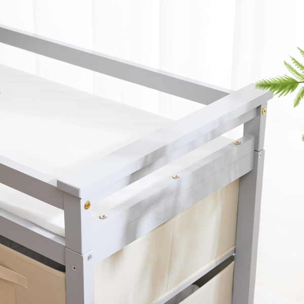 FCH Wooden Frame Removable Top Gray Painted Pine Children's Cot with 3 Fabric Drawers + 1 Fabric Bag