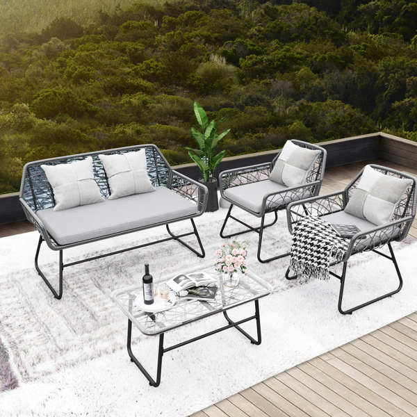 Outdoor Furniture 4 Piece wicker patio furniture set,glass table,With cushion,Suitable for patio, garden, balcony, etc.