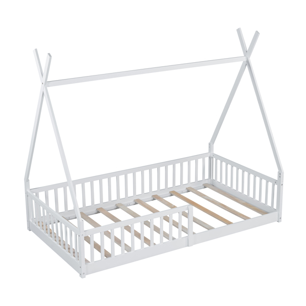 Twin Size Wood House Bed with Fence, White(ETA:2.27)