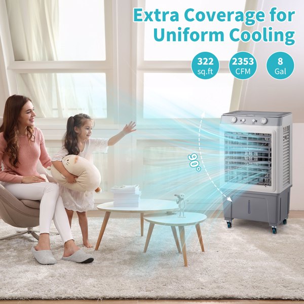 3 in 1 Portable Evaporative Cooler,Indoor,Outdoor,2353CFM Personal Air Cooler,7.9 Gal Large Water Tank & Scroll Casters, 4 Ice Packs,White，Manual control