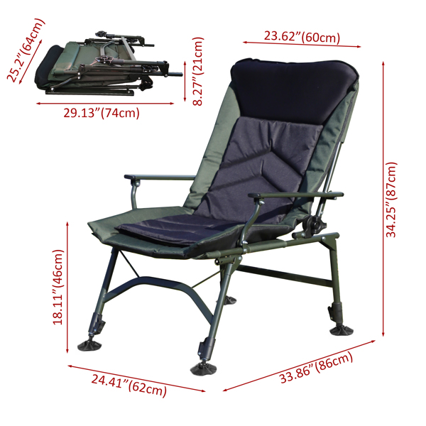 Camping Lounge Chair, Portable Folding Reclining Camping Chair with Adjustable backrest for Indoor and Outdoor Camping Beach Hiking Fishing, Green+black