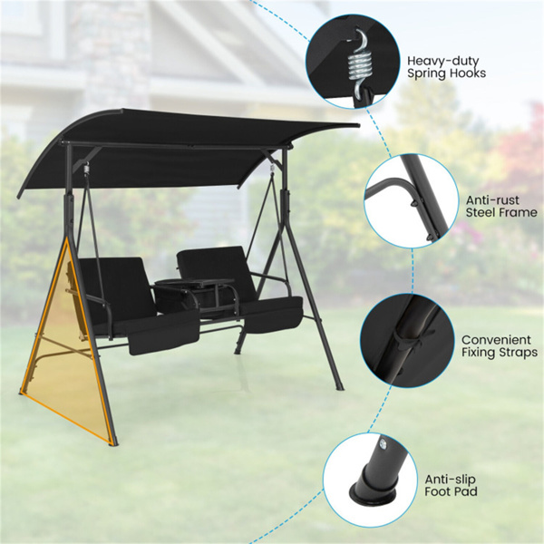 2 Seater Porch Swing Chair with Handy Storage and 360° Rotatable Tray Black