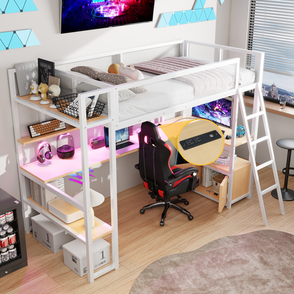 Twin Size Metal Loft Bed with Built-in Work Station, LED and Multiple Storage, White