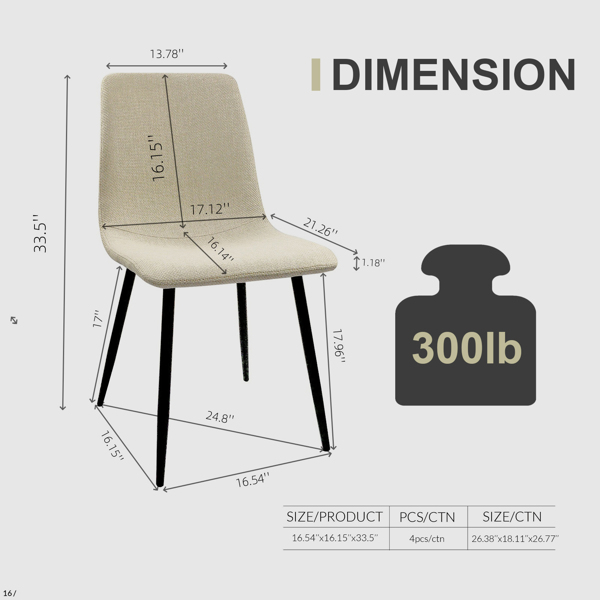 47"-63" extendable MDF modern dining table and chair set, suitable for 2-6 people, white dining table and modern beige dining chair 4-piece set, metal base and linen chair 