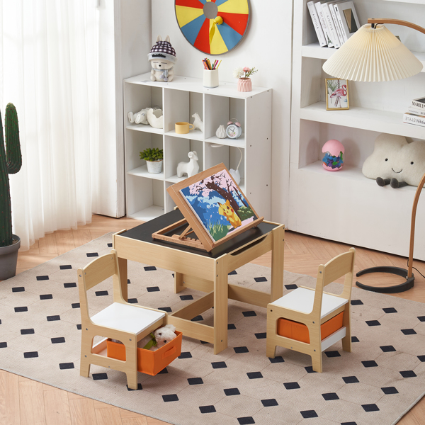 Children's Wooden Table And Chair Set With Two Storage Bags (One Table And Two Chairs)