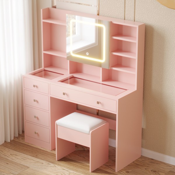 Apple Pink Textured Particle Board with Melamine Laminate, Tempered Glass Top, Five-Drawer Dressing Table Set with Shelves, Hooks, Power Strip, and LED Three-Color Dimmable Light