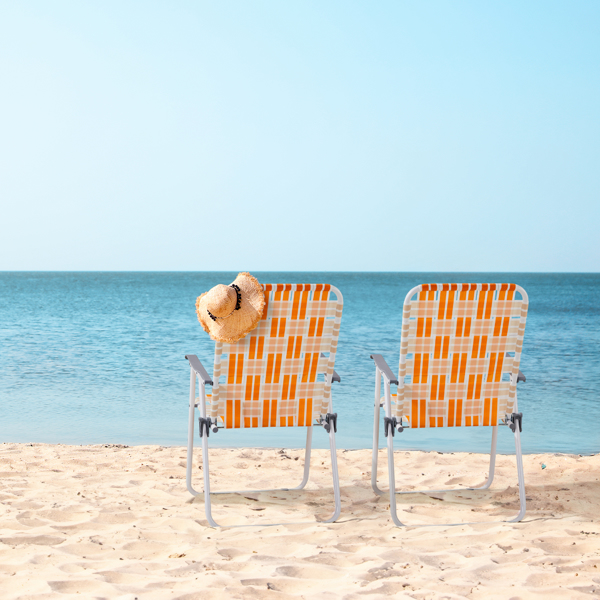 Set of 2 Webbed Folding Beach Chairs, Outdoor Patio Lawn Foldable Chairs for Camping Fishing Yard Poolside BBQ, Orange & White