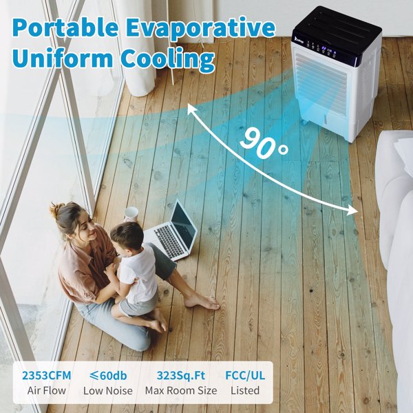 ZOKOP-3 in 1 Portable Evaporative Cooler,Indoor,Outdoor,2353CFM Personal Air Cooler with remote ,7.93 Gal Large Water Tank & Scroll Casters, 4 Ice Packs,White