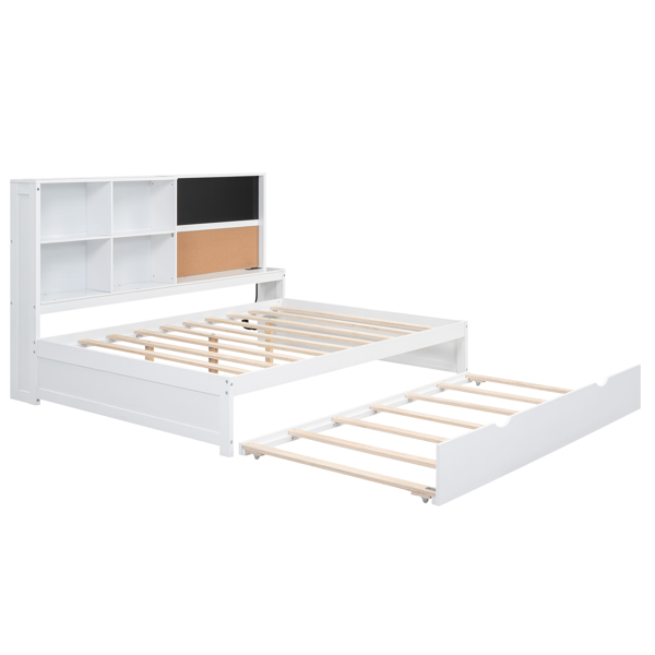 Full Size Daybed with Storage Shelves, Blackboard, Cork board, USB Ports and Twin Size Trundle, White