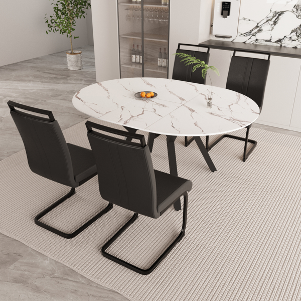 47-63" expandable circular dining table set for 4-6 people, equipped with 4 C-shaped tubular cushioned armless dining chair and an spacious dining table kitchen table and chair set, with metal legs 