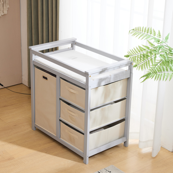 FCH Wooden Frame Removable Top Gray Painted Pine Children's Cot with 3 Fabric Drawers + 1 Fabric Bag