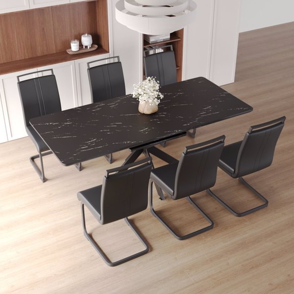 62.4" extendable 78.15" dining Table Set for 6-8 Person for Dining Room, 6 C-shaped Tube Soft padded armless dining chair and Very large Dining Room Table Kitchen Table Chair Set with metal Legs 