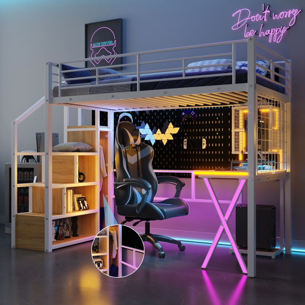Twin Size Metal Loft Bed with Built-in Work Station, Wardrobe, Storage Staircase and LED, White