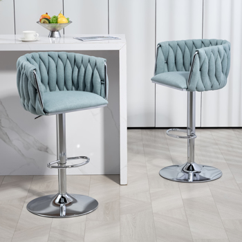 360° Fabric cover Swivel Bar Stools Set of 2, Adjustable Counter Height Bar Chairs with Woven Back & Footrest, Silver chromed  Bar Stools for Kitchen Island, Cafe, Pub (BLUE)