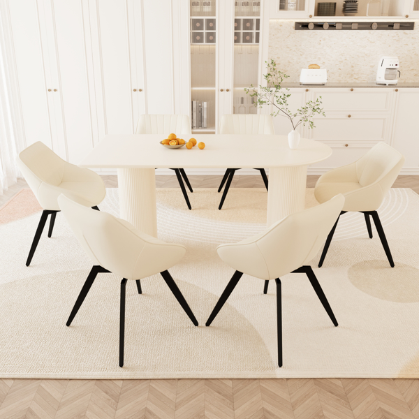 63" medieval modern cream style MDF dining table and beige PU dining chair set, 6 sets of black metal leg dining chairs, suitable for kitchen&home 