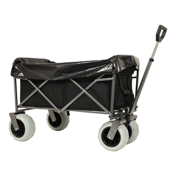 Beach Wagon with Big Wheels for Sand 500lbs capacity - All Terrain Steel Frame Utility Cart with 9" Pneumatic Tires, Collapsible Folding Design ,strap with multiuse bag ,black