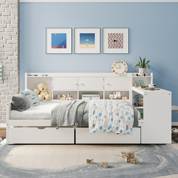 Wooden L-Shape Daybed with Seven Storage Cabinets and Two Storage Drawers, Multi-functional Bed with Study Desk and Built-in Bookshelf, White