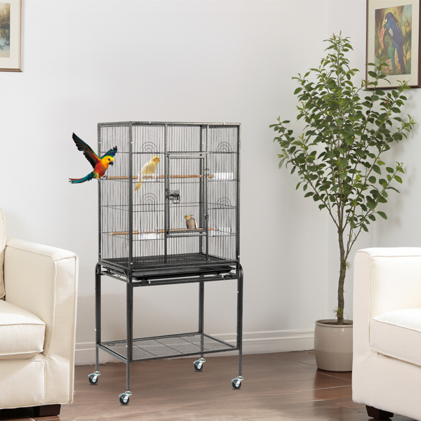 53" Large Flight Bird Cage with Rolling Stand & Storage Shelf for Parrots Lovebird Cockatiel Parakeets, Black