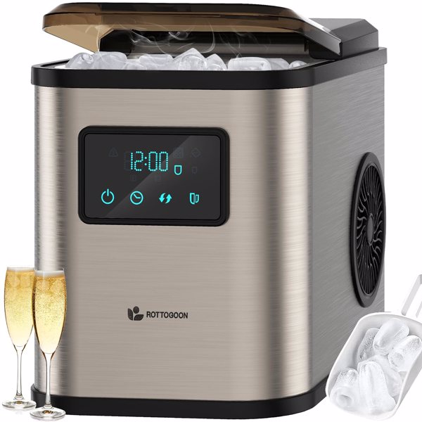 Ice Maker Countertop, Portable Ice Maker Machine, 28lbs/24Hrs, 6 Mins/9 Pcs Bullet Ice, Mini Ice Maker with Self Cleaning, Time Reservation Function, LED Display, Include Scoop & Basket, Stainless