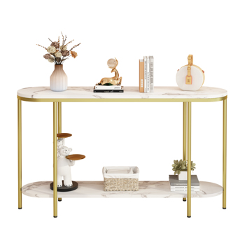 【Old Code：22504192】Console Table 2 Tier Narrow Entryway Table with Storage Shelves Faux Marble Narrow Table for Living Bedroom Hallway Office Easy Assembly, Gold & White