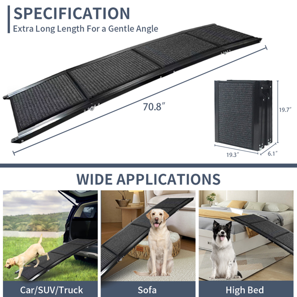 Dog Ramp for Car, 71" Long & 20" Wide Folding Portable Pet Stair Ramp with Non-Slip Rug Surface, Extra Wide Dog Steps for Medium & Large Dogs Up to 250LBS Enter a Car, SUV & Truck