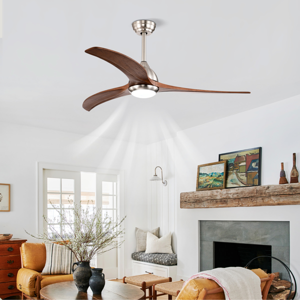 52" Solid Wood Blades Ceiling Fan With Light with Remote Control, Noiseless Reversible Motor, 6 Speed ,3 Color , for Patio Living Room, Bedroom, Indoor.(Stain nickel + Walnut )