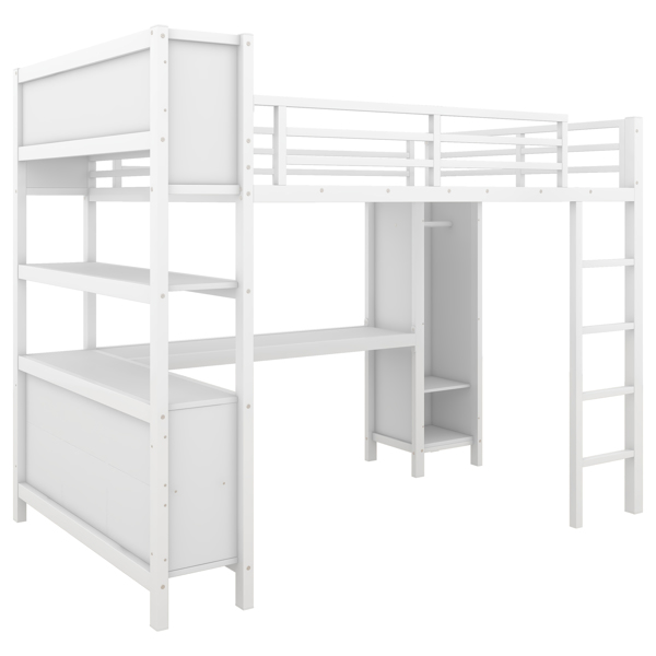 Metal Loft Bed with Wardrobe And L-shaped Desk, Full Size Loft Bed with Storage Cubes and Shelves, Heavy Duty Loft Bed for Kids Teens Adults, White