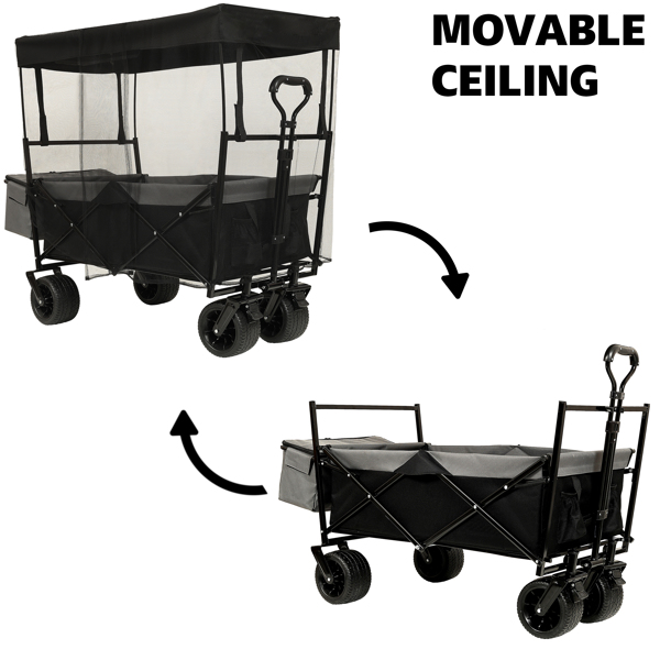 480Lbs Collapsible Wagon with Canopy,Wagon Stroller with 7" All-Terrain Wheels, Lightweight Foldable Wagon, Large Capacity for Camping, Shopping, Sports, and Garden Use,black with mosquito net