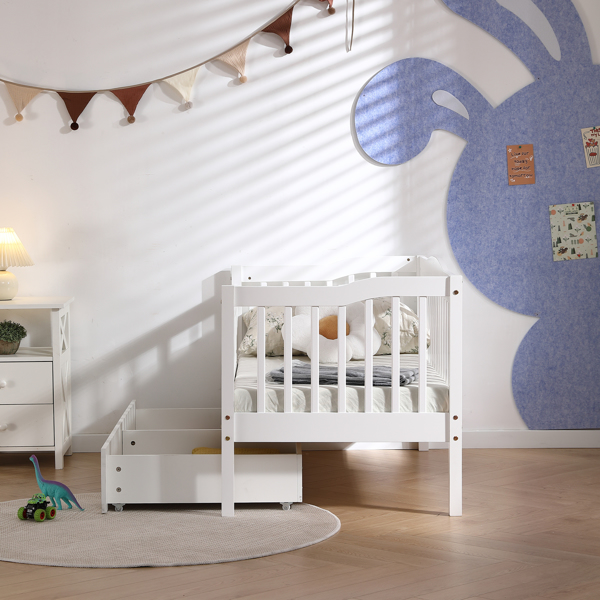 FCH Vertical Fence White Painted Pine Toddler Bed with Bottom Drawer and Side Car Bed