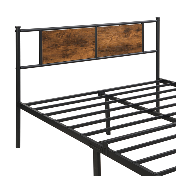 Full Size metal bedframe,Headboard with wood panel decoration,black