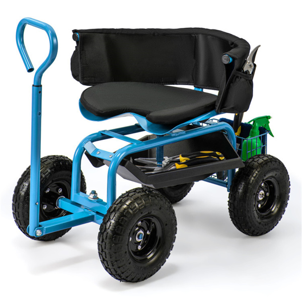 Garden Cart Height Adjustable Scooter with Swivel Seat & Tool Storage Blue