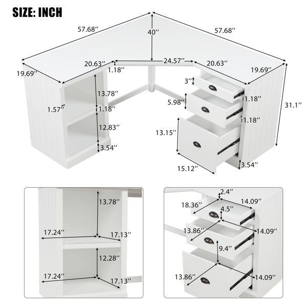 57.68" Modern L Shaped Executive Desk with 2 Storage Cabinets and 3 Drawers,Corner Writing Desk,Office Desk Furniture,Computer Desks with Depth Workstation for Home Office,Living room,White