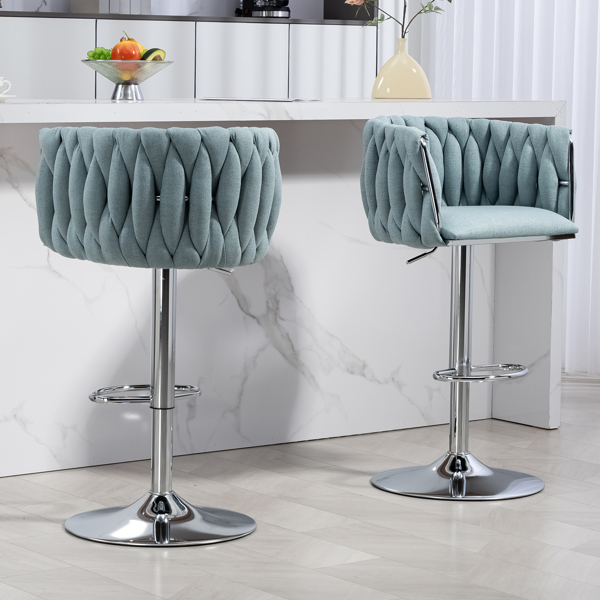 360° Fabric cover Swivel Bar Stools Set of 2, Adjustable Counter Height Bar Chairs with Woven Back & Footrest, Silver chromed  Bar Stools for Kitchen Island, Cafe, Pub (BLUE)